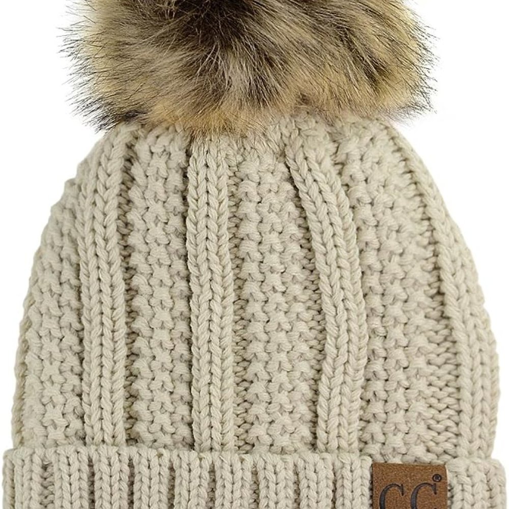 C.C Thick Cable Knit Faux Fuzzy Fur Pom Fleece Lined Skull Cap Cuff Beanie